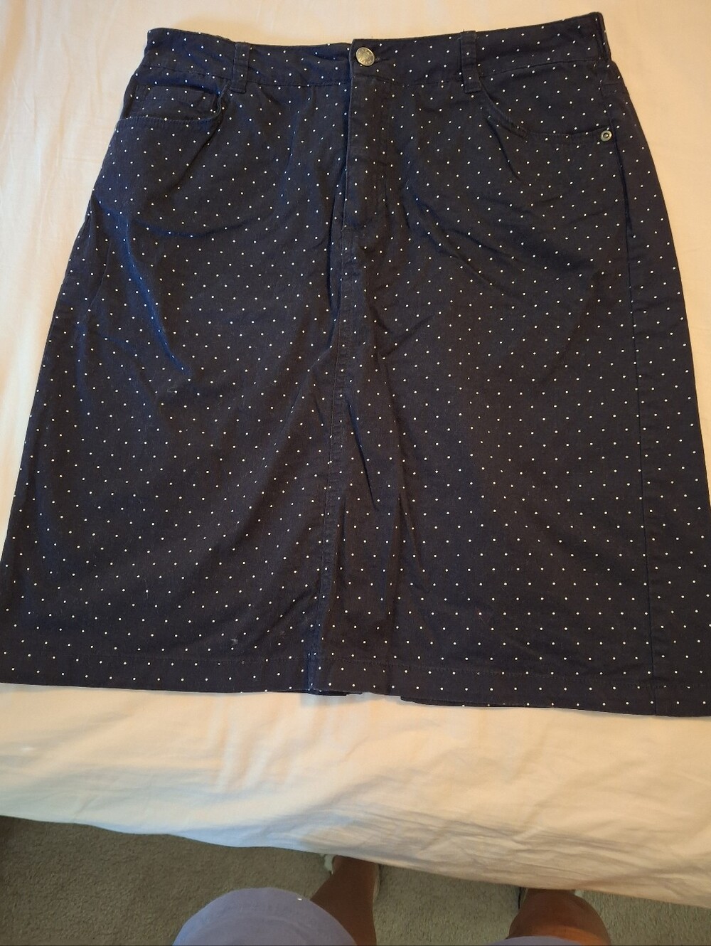 Basic Editions Navy Polka Dot Chino Skirt with Fly Front